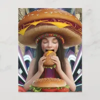 Weird Surreal Girl with a Cheeseburger Hat Scifi Postcard