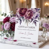 Watercolor Moody Plum Burgundy Floral Wedding Gift Pedestal Sign