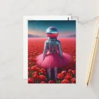 Surreal astronaut in a pink tutu disco ball head  postcard