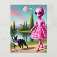 Pink Alien Walking Her Boston Terrier Postcard