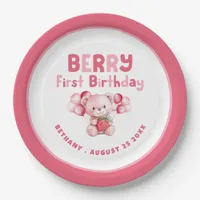 Berry First Birthday Teddy Bear Strawberry Pink bo Paper Plates