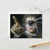 An electrifying one eyed person pointing a finger postcard