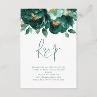  Emerald Gold Florals Script QR Code Wedding Enclosure Card