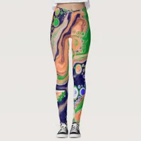 Blue, Coral and Green Pour Painting Fluid Art   Leggings