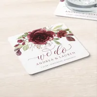 Fall Wedding Burgundy Wine Red Floral Foliage Square Paper Coaster