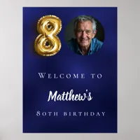 Navy blue gold 80th photo birthday party welcome poster
