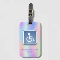 Pink purple holographic wheelchair girl luggage tag