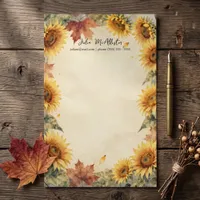 Watercolor Sunflower Fall Leaves Vintage Parchment Stationery