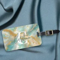 Modern Glam Luxury Aquamarine Marble Gold Glitter Luggage Tag