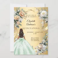 Quinceanera gold green dress florals invitation