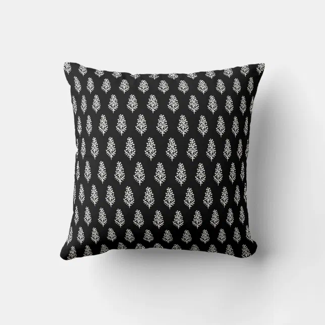 Indian Motif Handblock Print White on Black Throw Pillow