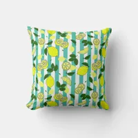 Pretty Yellow Lemons on Teal Blue Stripes Pattern Throw Pillow