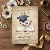 Vintage Floral Open Book and Cap Graduation Party Invitation