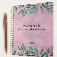 Romantic Watercolor Leafy Green Branches On Pink  Planner