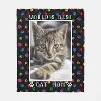 World's Best Cat Mom Pet Photo Colorful Paw Prints Fleece Blanket