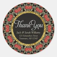 Red Black + Gold Thank You round Stickers