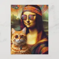 Hippie Mona Lisa and Her Ginger Cat Postcard