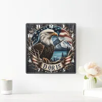 American Eagle With Mountains and Flag Background Square Wall Clock