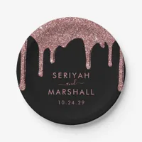 Black Rose Gold Sparkle Glitter Drips Wedding Paper Plates