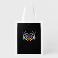 Autism Awareness Skeleton Heart Puzzle Piece Grocery Bag