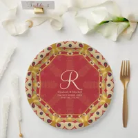 Hexagon Love Red Gold Monogram Custom Name Paper Plates