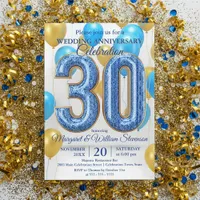 Glam Blue Gold Balloons 30th Wedding Anniversary  Invitation