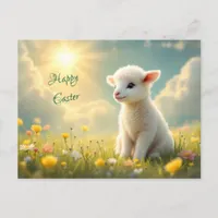 Cute little Easter lamb in a flower meadow Holiday Postcard