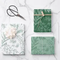 Elegant Green Monochrome Rustic Winter Botanicals Wrapping Paper Sheets