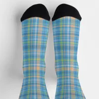 Cute Blue And Peach Pastel Plaid Pattern Socks