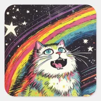 A Colorful Fluffy Cat in Space Square Sticker