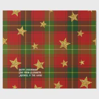 Red Tartan Gold Star Personalized Christmas Wrapping Paper