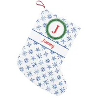 Wreath Monogram Your Name White & Blue Snowflakes Small Christmas Stocking