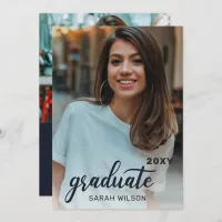 Navy Modern Script Graduate Two Photos Drive By Invitation