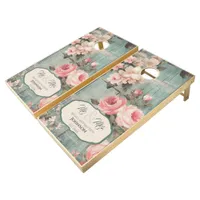 Rustic Blue Wood Blush Pink Flowers Custom Wedding Cornhole Set