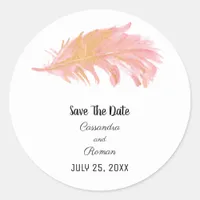 Pink and Gold Feather Save The Date Classic Round Sticker