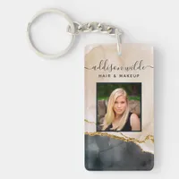 Script Watercolor Pink Black Gold Marble Salon ID Keychain