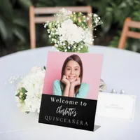 Custom photo black white Quinceanera party welcome Pedestal Sign