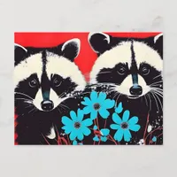 Adorable Raccoons With Blue Flowers Red Background Postcard