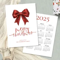 Red Glitter Bow 2025 Calendar Merry Christmas Holiday Card