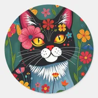 Black and White Folk Art Cat and Flowers Whimsical Classic Round Sticker