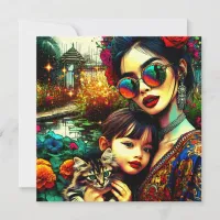 Colorful Art Mom and Daughter Asian Flower Garden