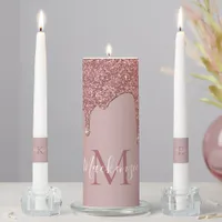 Rose Gold Sparkle Glitter Drips Wedding Monogram Unity Candle Set
