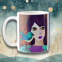 Abstract Girl & Bird Purple and Teal Personalized Coffee Mug