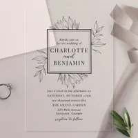 Elegant Black Botanical Frame Wedding Acrylic Invitations