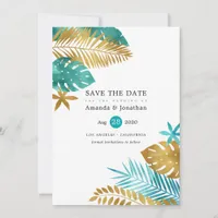 Teal and Gold Foil Tropical Wedding Save The Date