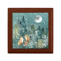 Fox Family in Forest Full Moon Snowfall Holiday Gift Box