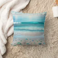 Pretty Blue Ocean Waves and Sea Glass  Throw Pillow