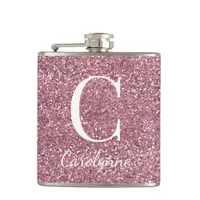 Girly Rose Gold Sparkle Glitter Monogram Flask