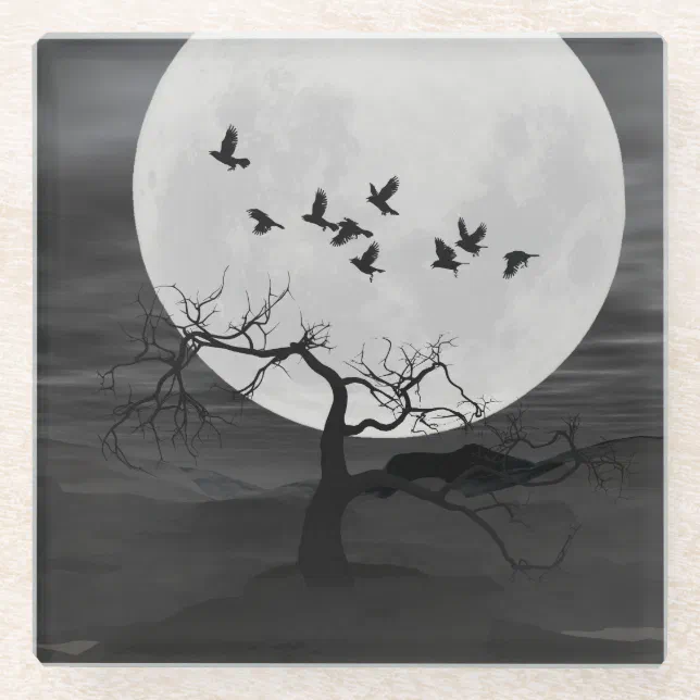 Spooky Ravens Flying Against the Full Moon Glass Coaster