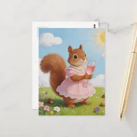 Adorable Squirrel in a Pink Dress with a Drink Postcard